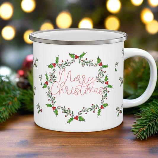 " Holly n' Berries" Winter Holiday Coffee Enamel Mug